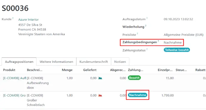 Zahlung per Nachname mit Lieferfreigabe mit Zahlungsabwicklung-Software für Odoo